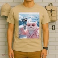 Fat Cat on a Yacht Boat with Shark Cool Funny Cat Meme T-Shirt thumb 6