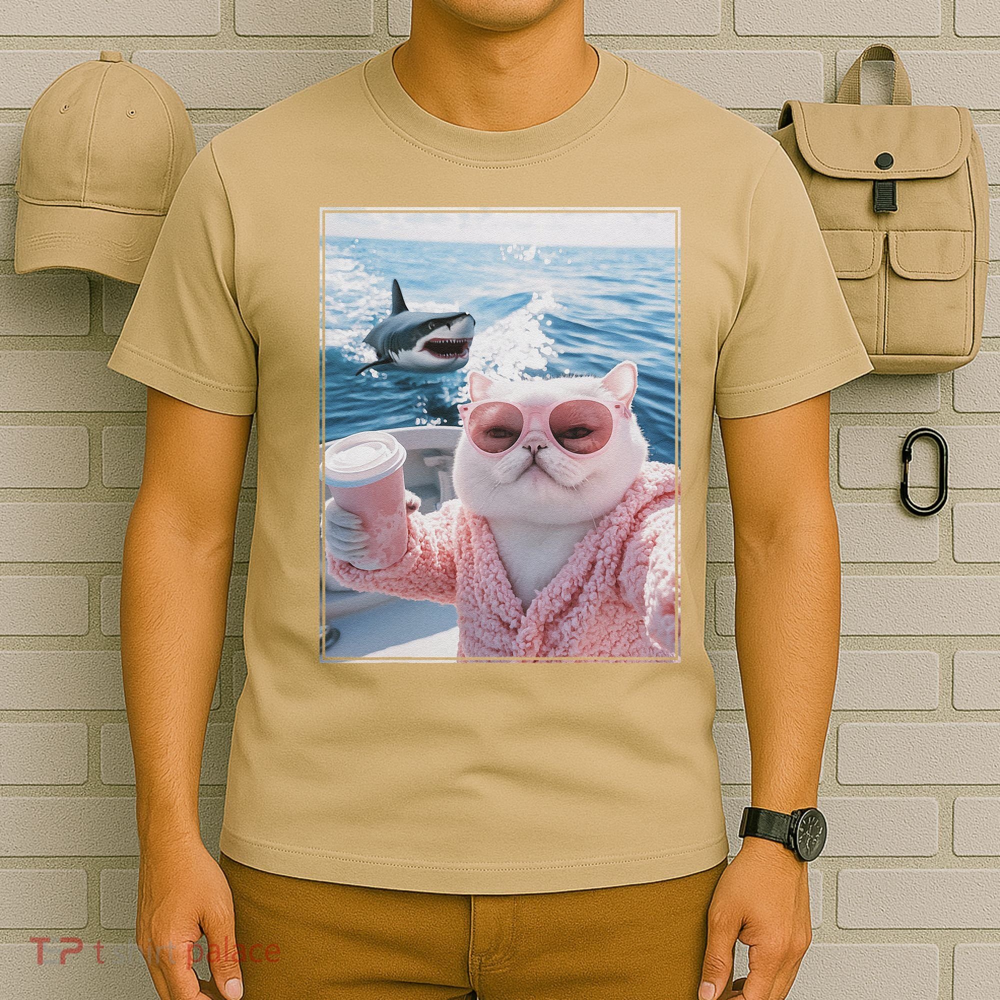 Fat Cat on a Yacht Boat with Shark Cool Funny Cat Meme T-Shirt
