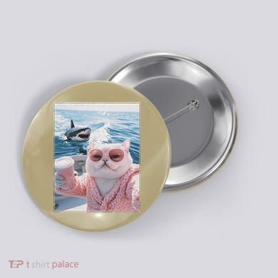 Fat Cat on a Yacht Boat with Shark Cool Funny Cat Meme Button
