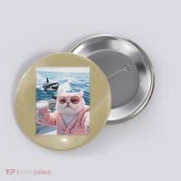 Fat Cat on a Yacht Boat with Shark Cool Funny Cat Meme Button thumb 0