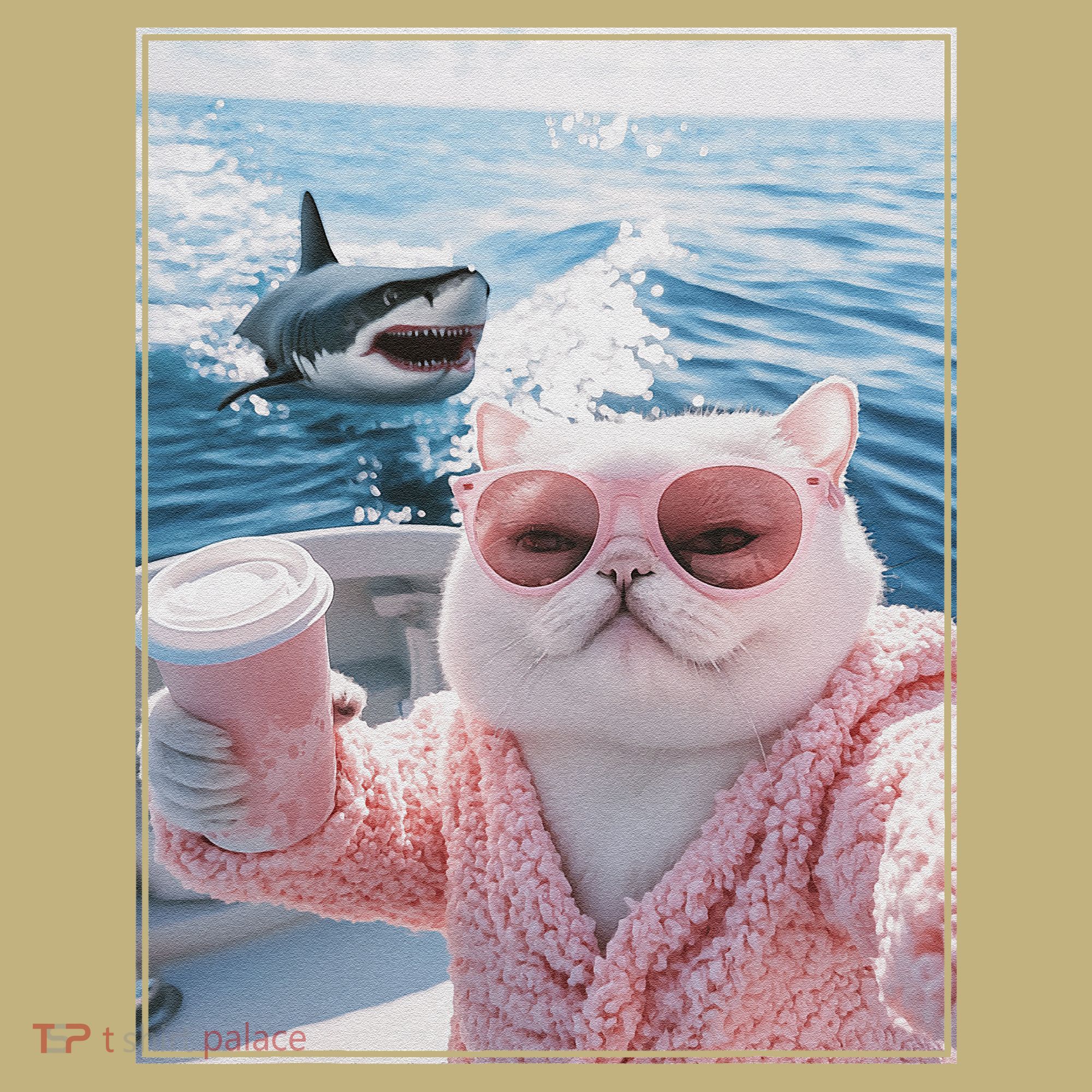 Fat Cat on a Yacht Boat with Shark Cool Funny Cat Meme Mousepad