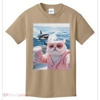 Fat Cat on a Yacht Boat with Shark Cool Funny Cat Meme Kids T-Shirt thumb 0