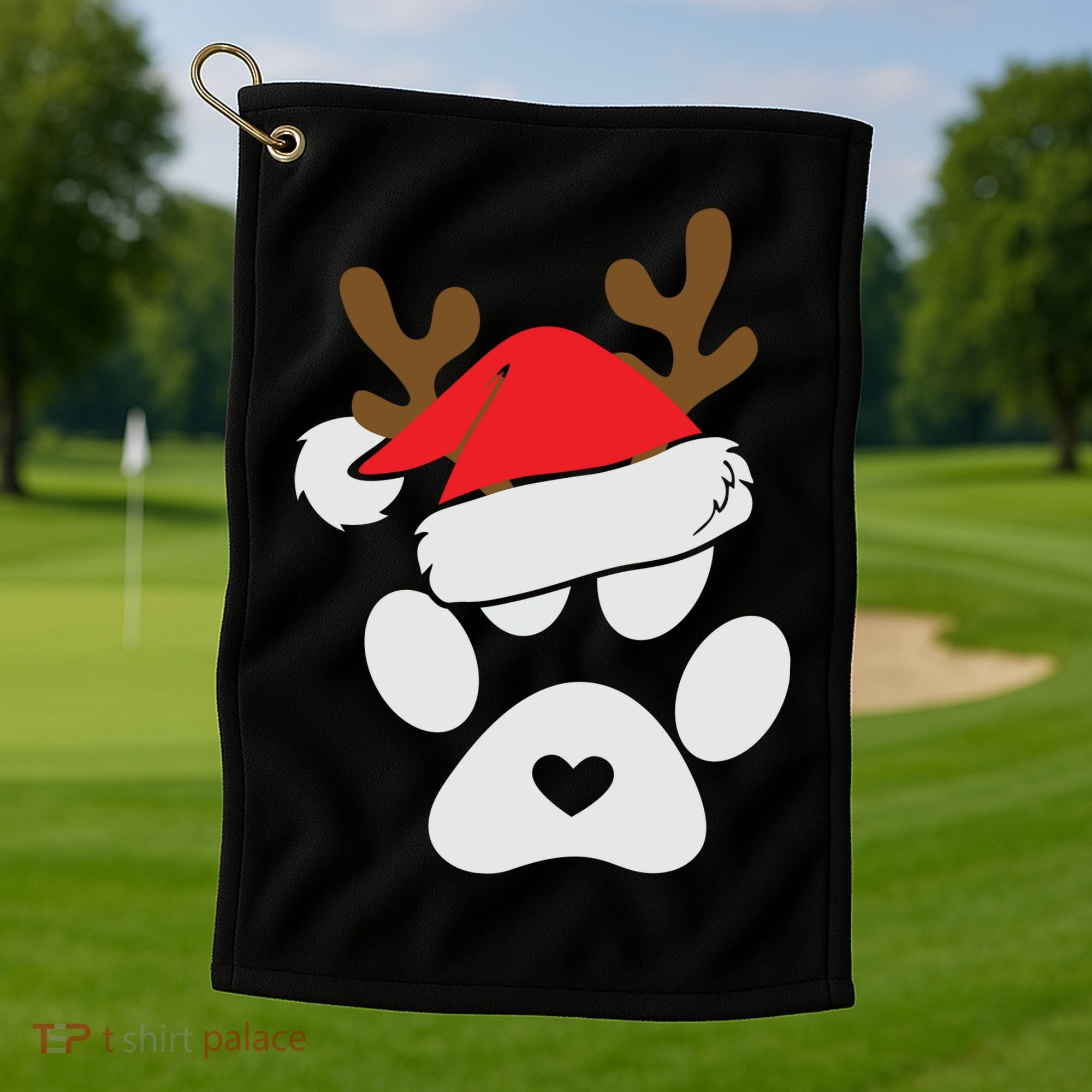 Funny Christmas Paws Santa Hat Horn Dog Xmas Golf Towel