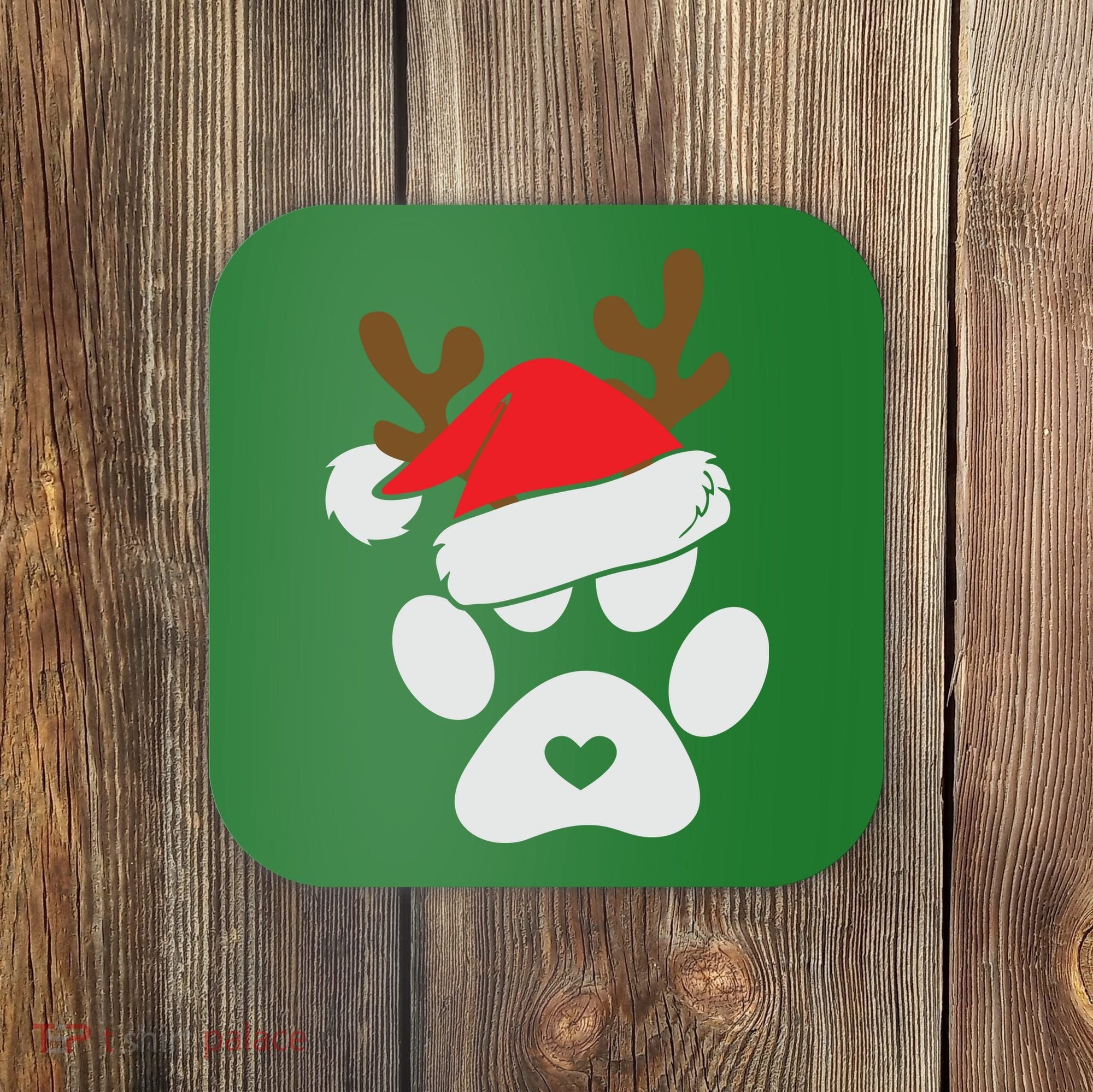 Funny Christmas Paws Santa Hat Horn Dog Xmas Coaster