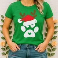 Funny Christmas Paws Santa Hat Horn Dog Xmas Women's T-Shirt thumb 2