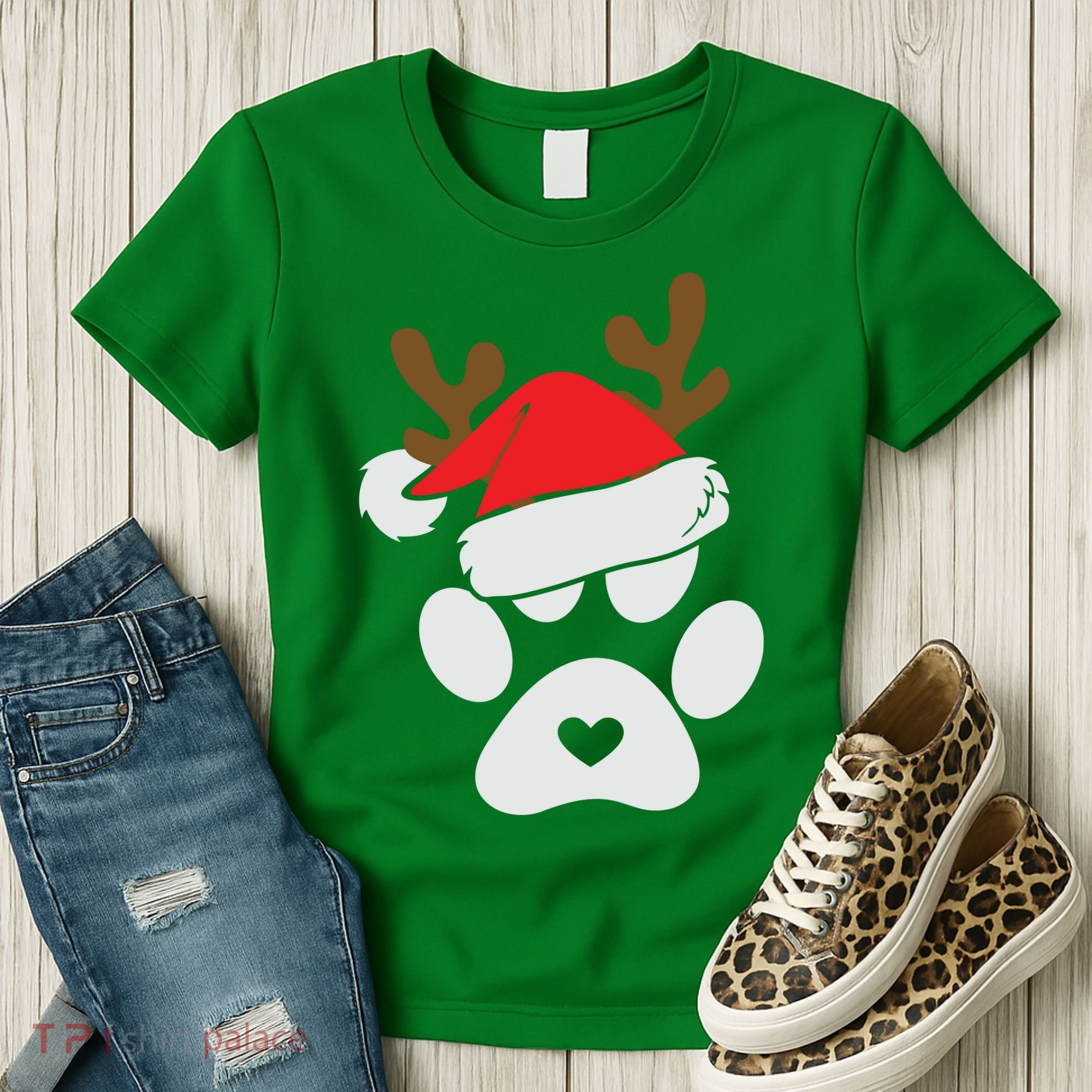 Funny Christmas Paws Santa Hat Horn Dog Xmas Women's T-Shirt