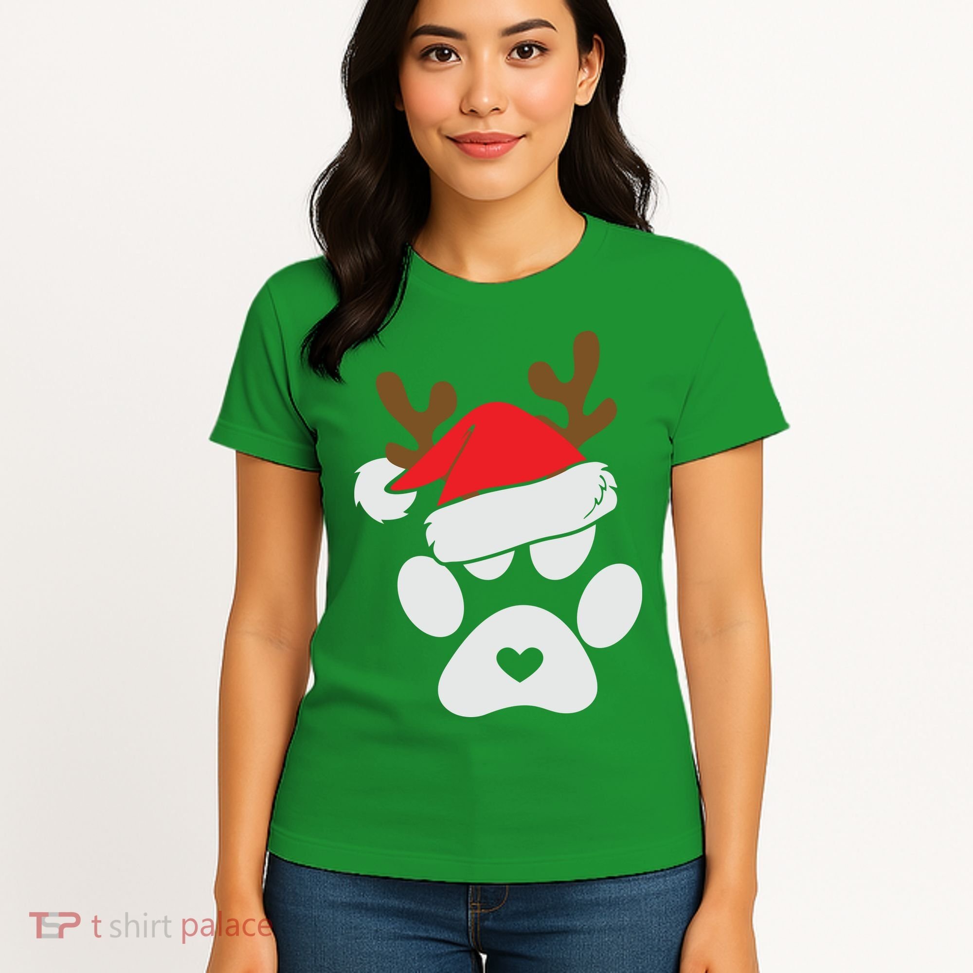 Funny Christmas Paws Santa Hat Horn Dog Xmas Women's T-Shirt