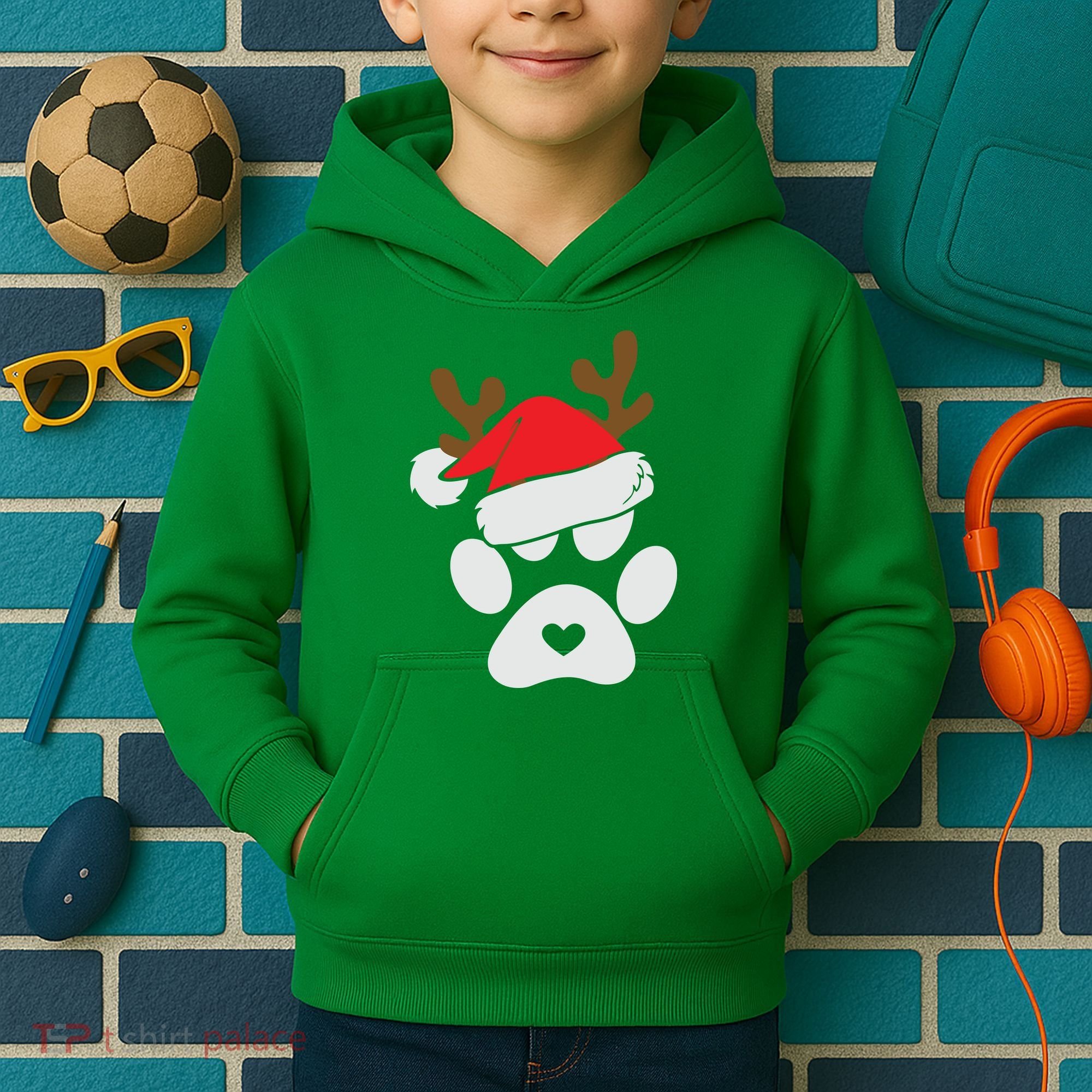 Funny Christmas Paws Santa Hat Horn Dog Xmas Kids Hoodie
