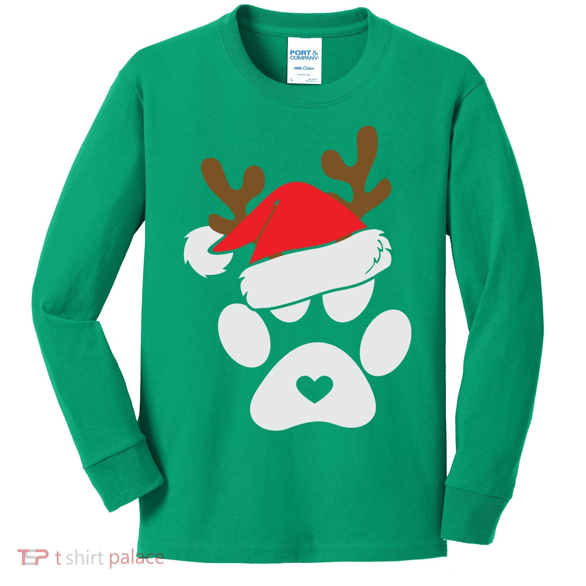 Funny Christmas Paws Santa Hat Horn Dog Xmas Kids Long Sleeve Shirt