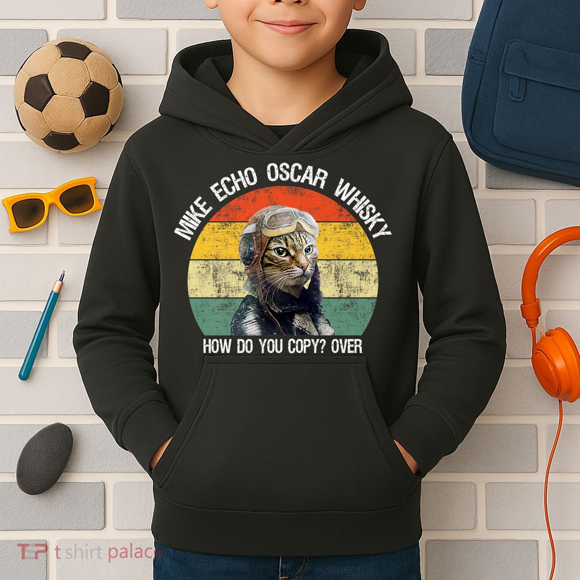 Funny Cat Pilot Mike Echo Oscar Whisky How Do You Copy Meow Kids Hoodie