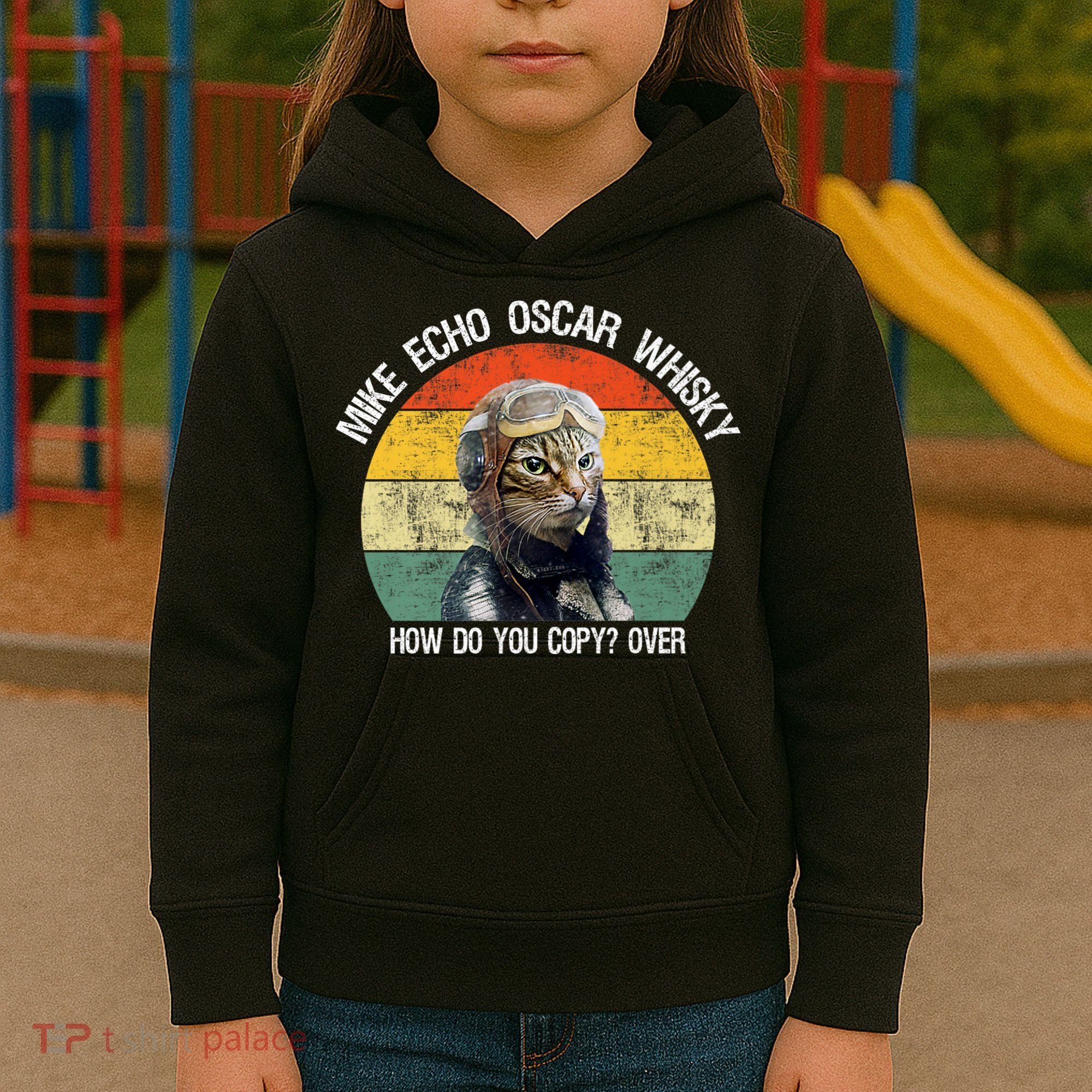 Funny Cat Pilot Mike Echo Oscar Whisky How Do You Copy Meow Kids Hoodie