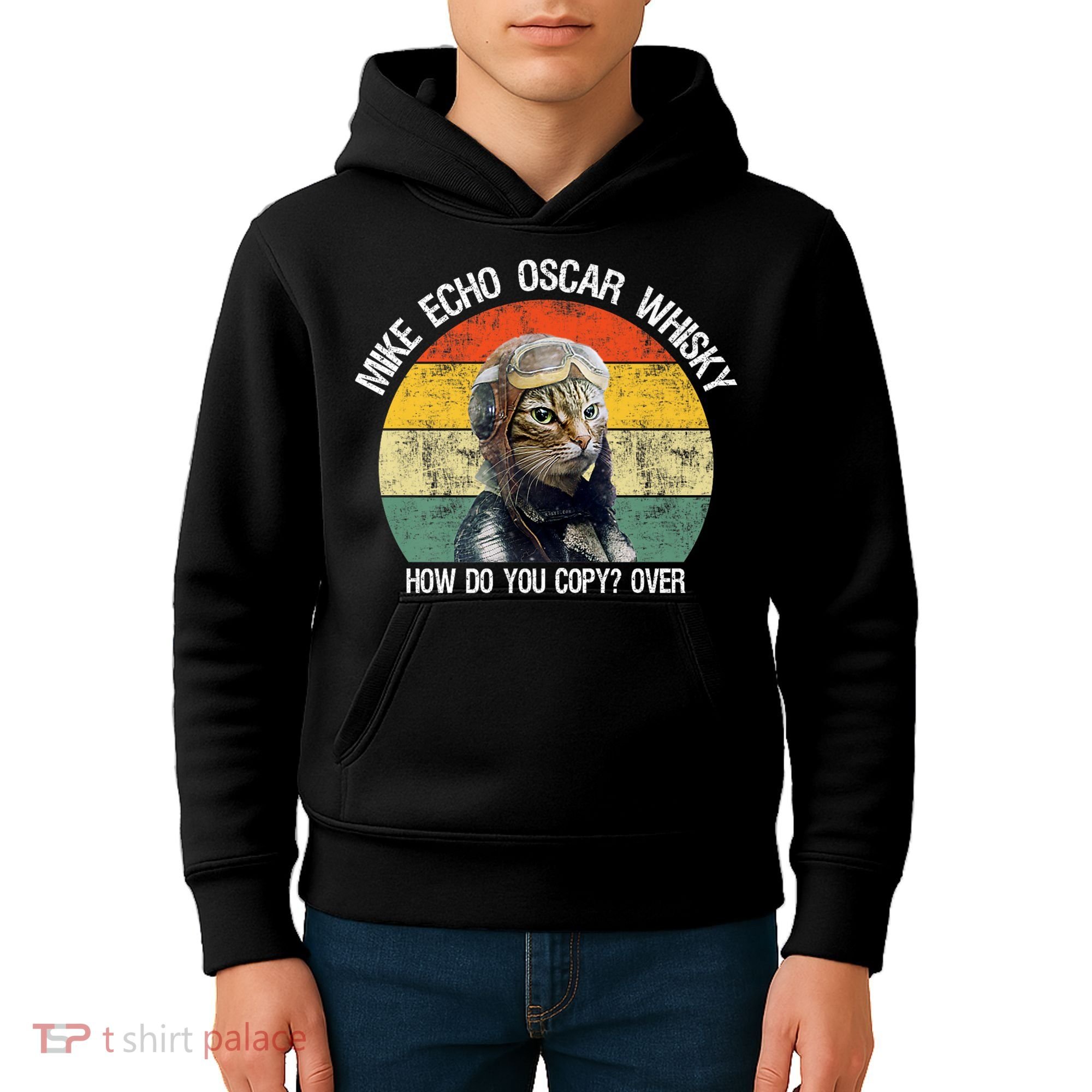 Funny Cat Pilot Mike Echo Oscar Whisky How Do You Copy Meow Kids Hoodie
