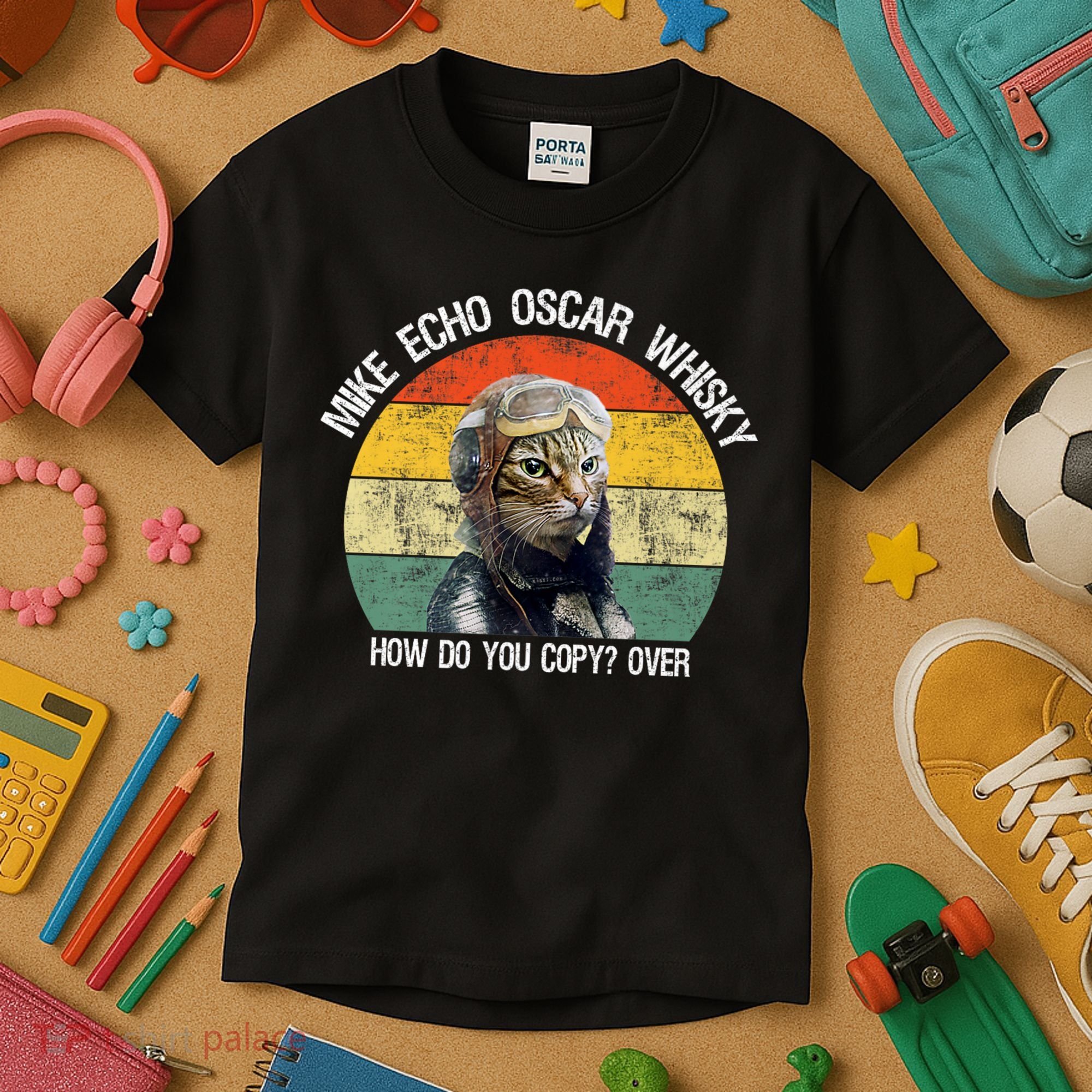 Funny Cat Pilot Mike Echo Oscar Whisky How Do You Copy Meow Kids T-Shirt