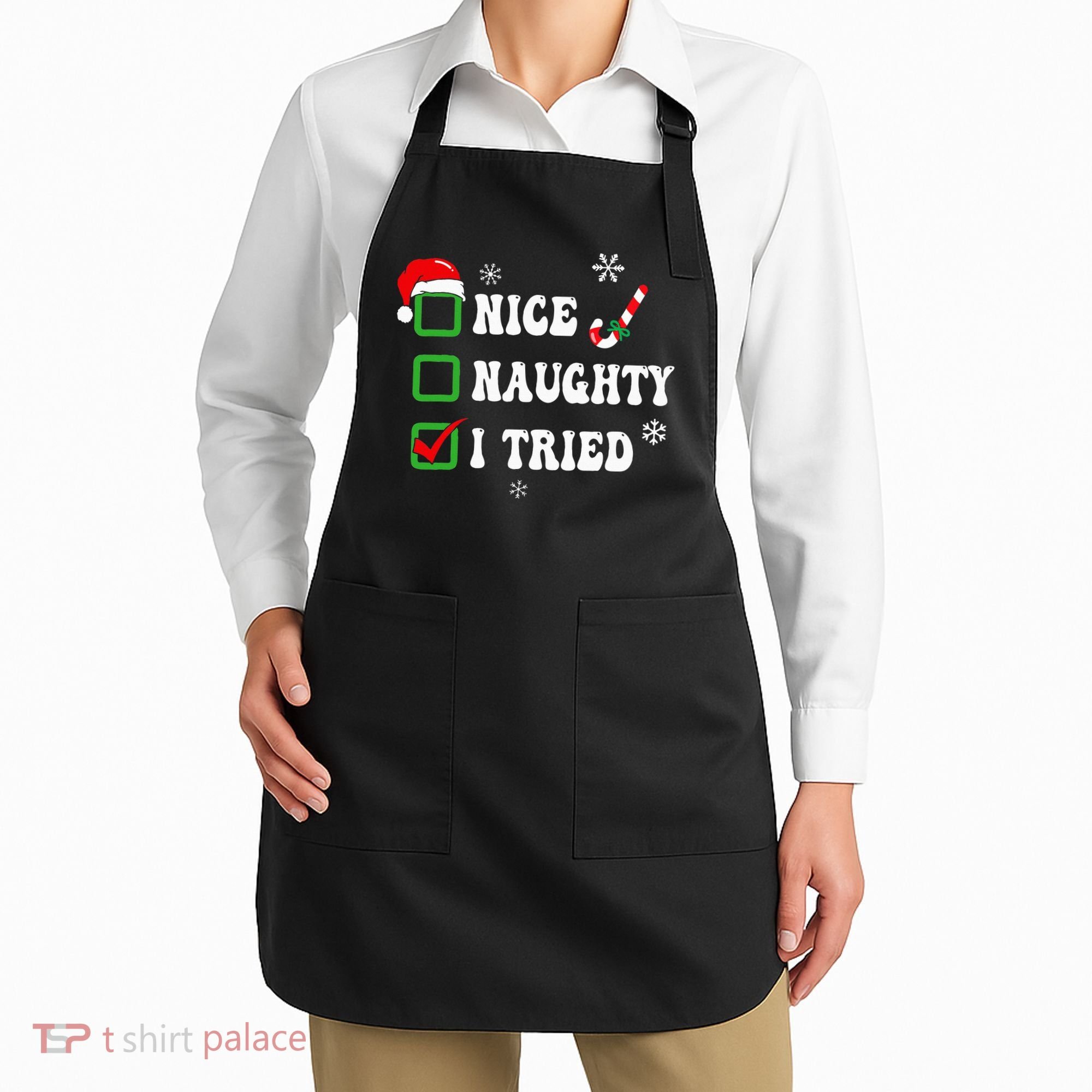 Funny Christmas Pajama Lights Nice Naughty I Tried Holiday Apron