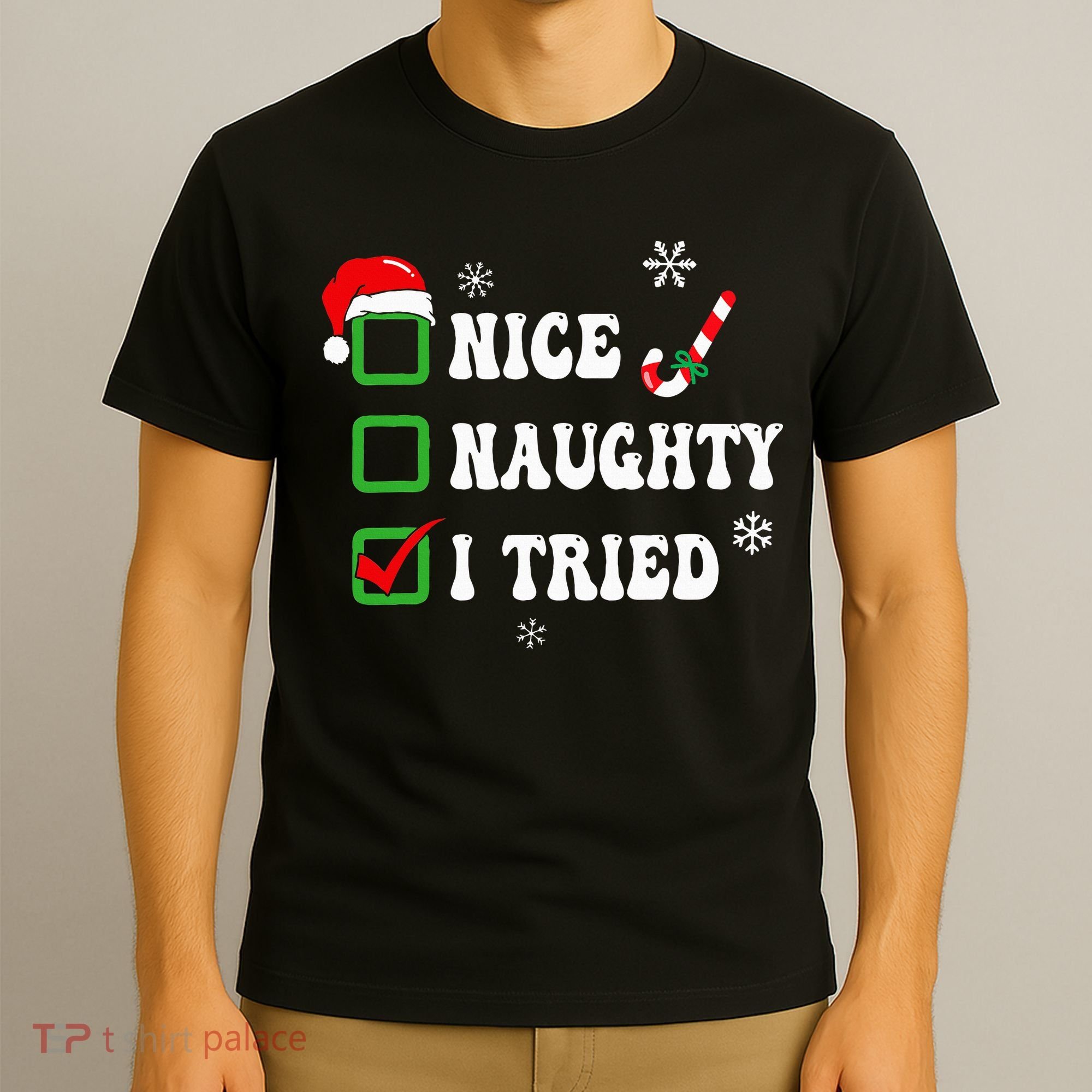 Funny Christmas Pajama Lights Nice Naughty I Tried Holiday T-Shirt