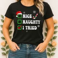 Funny Christmas Pajama Lights Nice Naughty I Tried Holiday Women's T-Shirt thumb 2