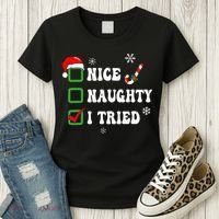 Funny Christmas Pajama Lights Nice Naughty I Tried Holiday Women's T-Shirt thumb 3
