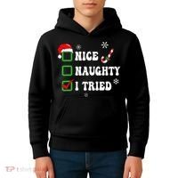 Funny Christmas Pajama Lights Nice Naughty I Tried Holiday Kids Hoodie thumb 4