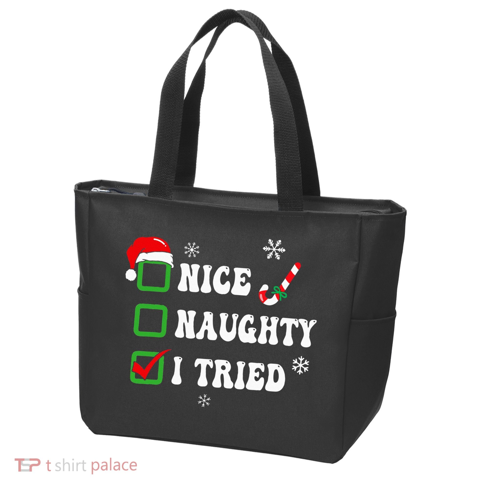 Funny Christmas Pajama Lights Nice Naughty I Tried Holiday Tote Bag