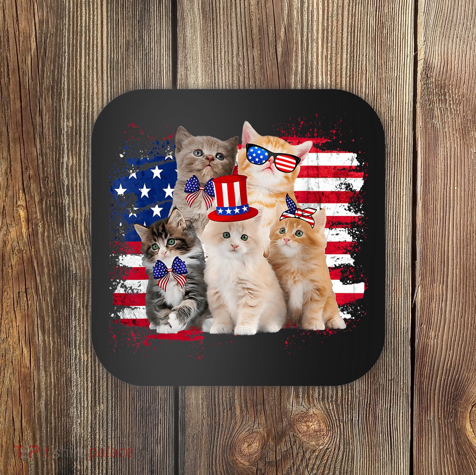 Funny Cat Patriotic USA Cat Lovers Cat Moms 4th July Coaster