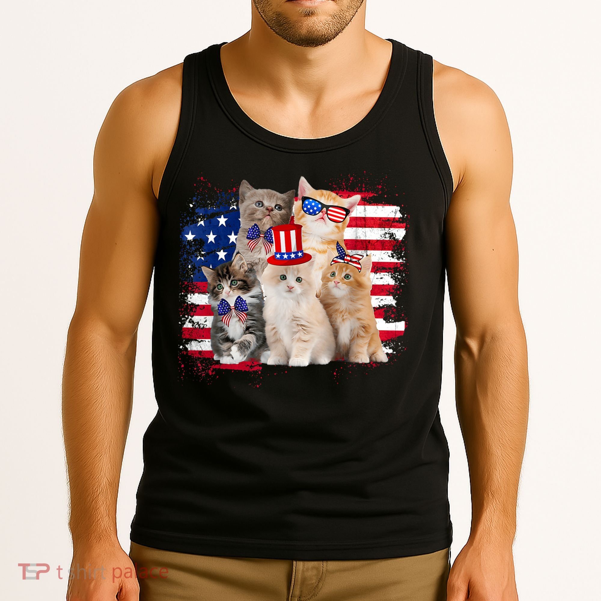 Funny Cat Patriotic USA Cat Lovers Cat Moms 4th July Tank Top