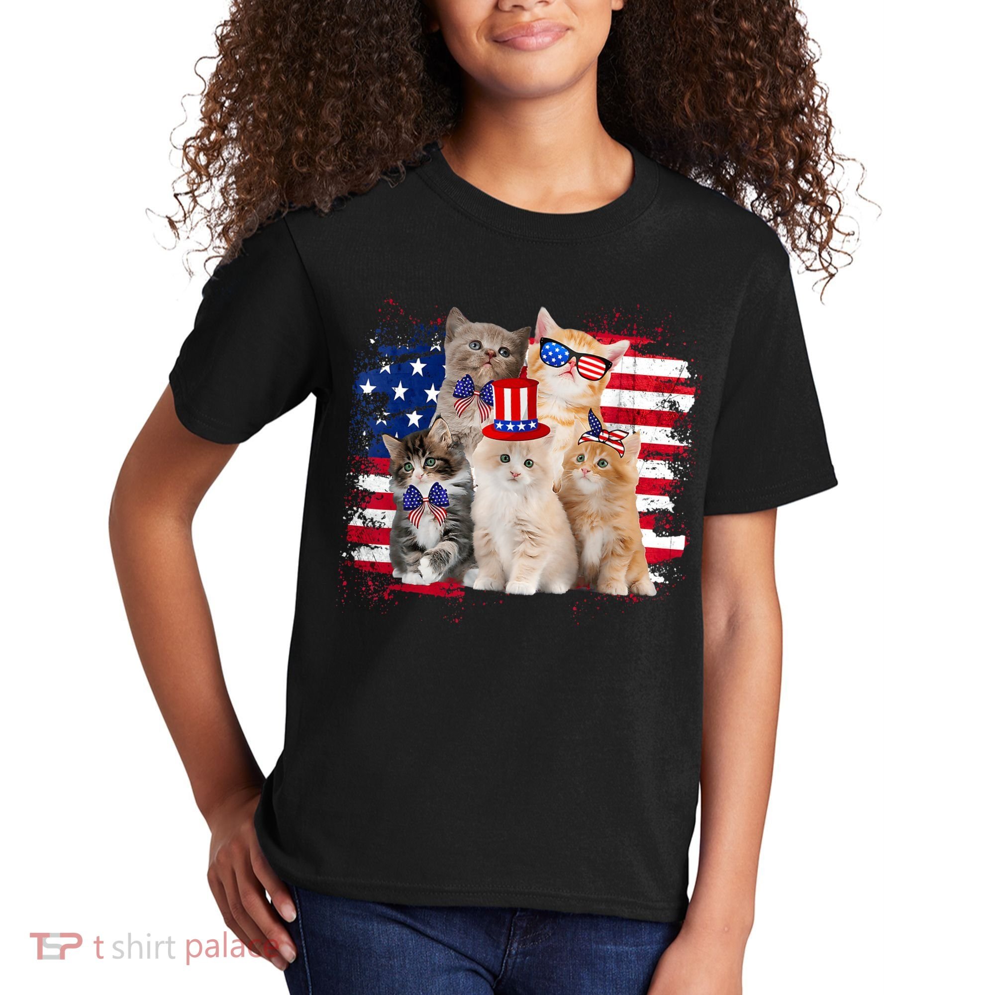 Funny Cat Patriotic USA Cat Lovers Cat Moms 4th July Kids T-Shirt