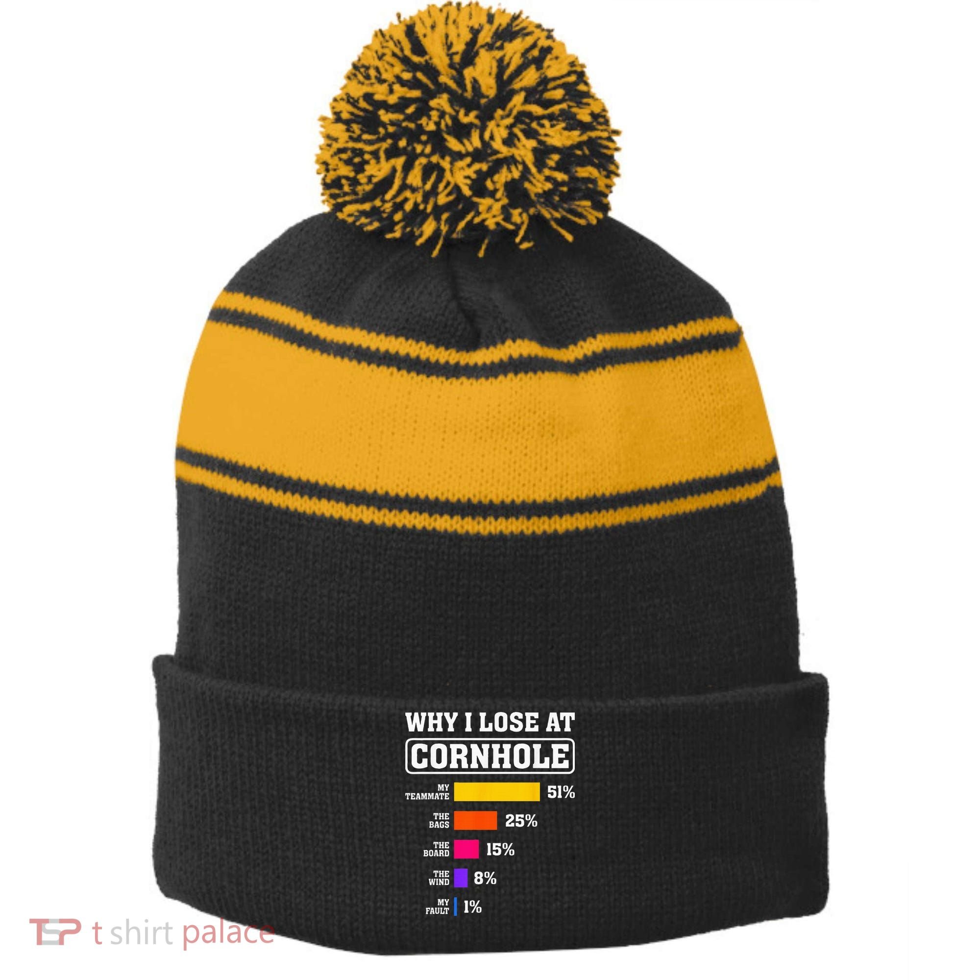 Funny Cornhole Players Why I Lose At Cornhole Stripe Pom Pom Beanie