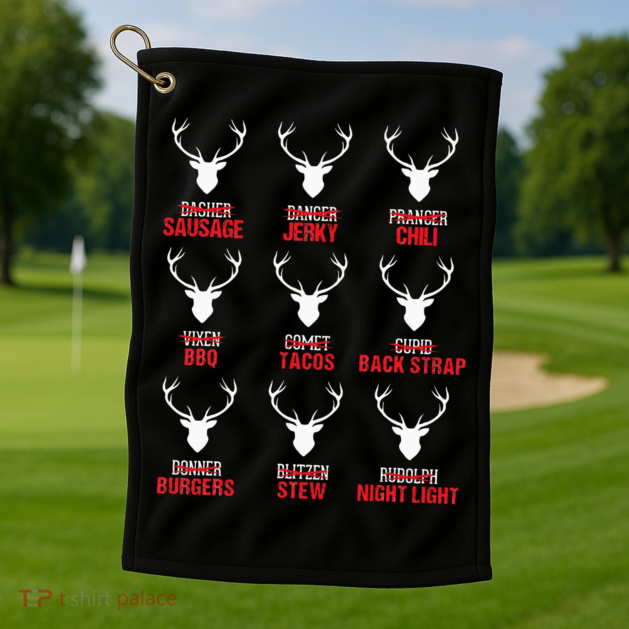 Funny Christmas Reindeer Hunter Deer Meat Hunting Gifts Golf Towel