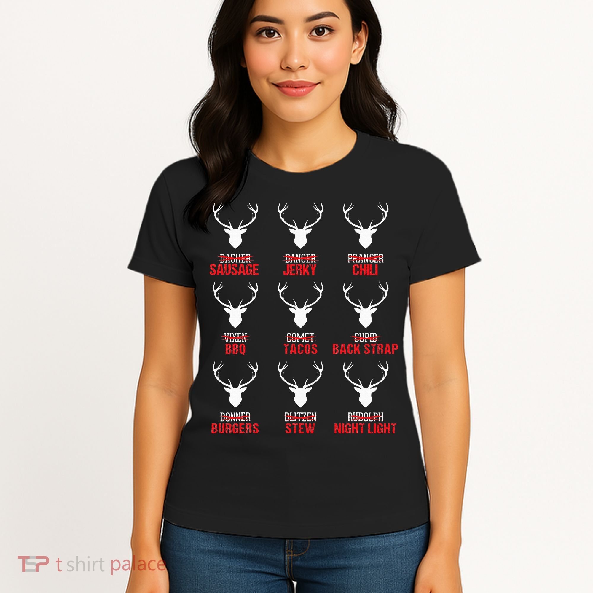 Funny Christmas Reindeer Hunter Deer Meat Hunting Gifts Women's T-Shirt