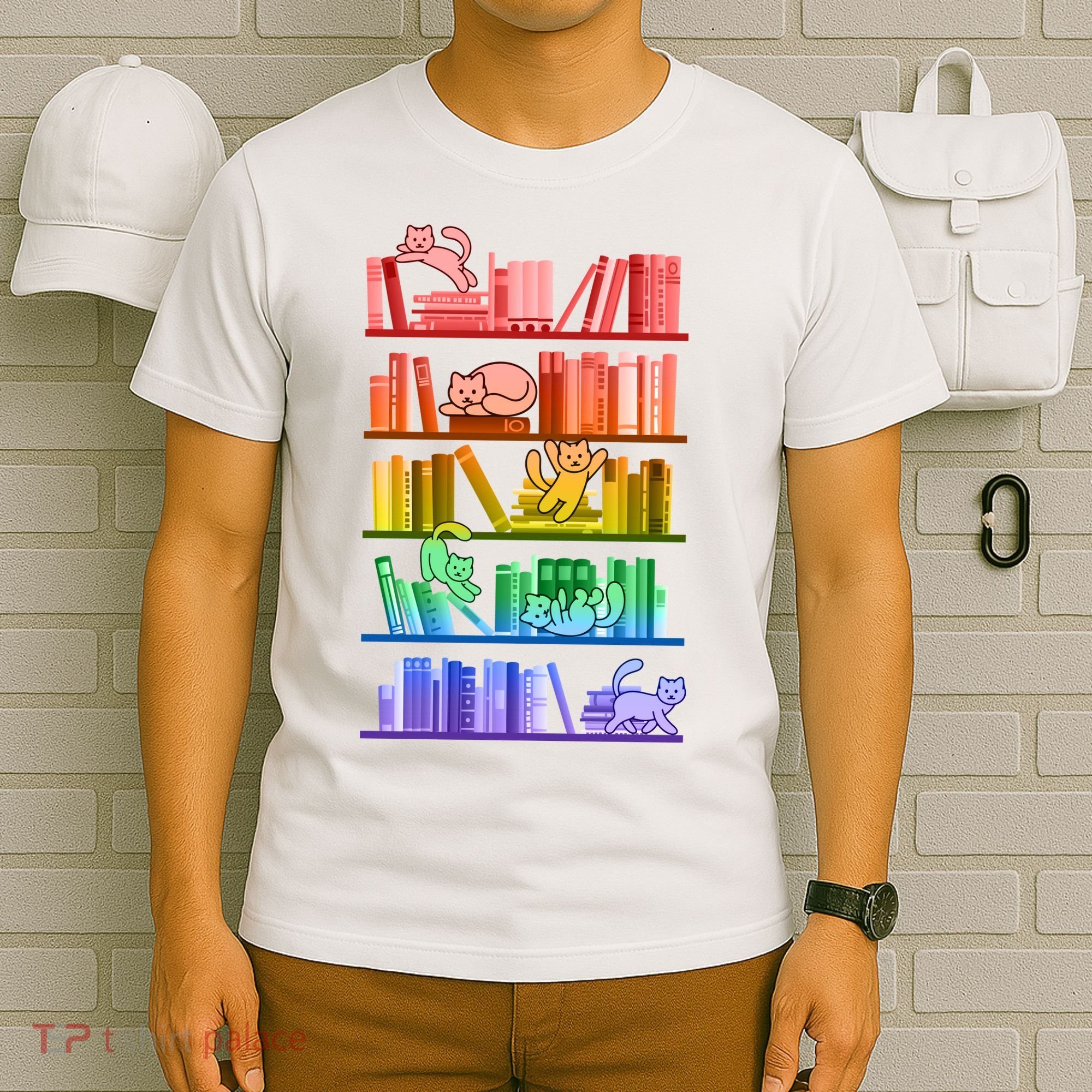 Funny Colorful Rainbow Library Cats T-Shirt