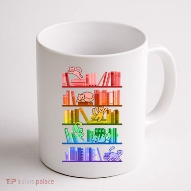 Funny Colorful Rainbow Library Cats Coffee Mug back