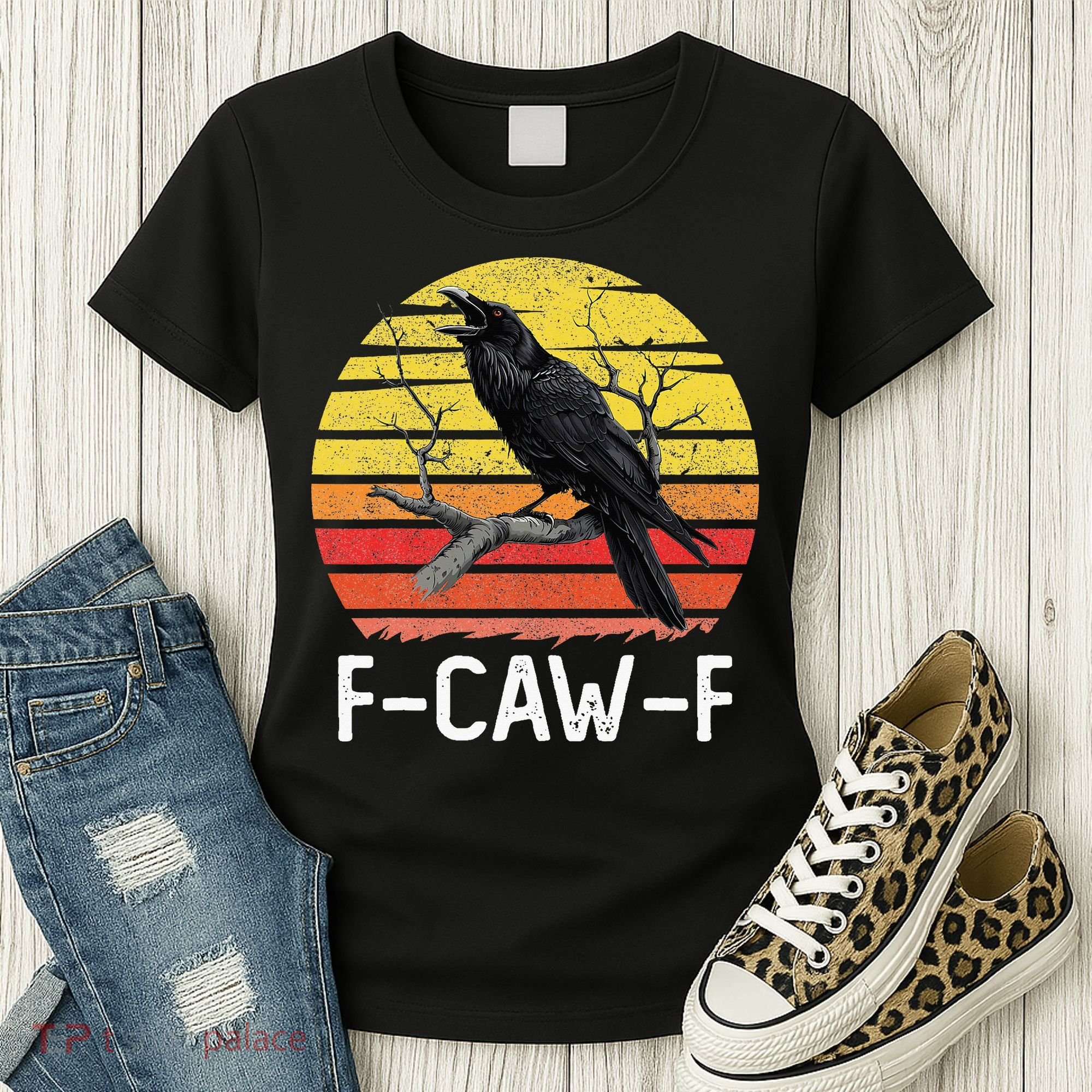 Funny Crow Retro Sunset Moonlit Raven Lovers F Caw F Women's T-Shirt