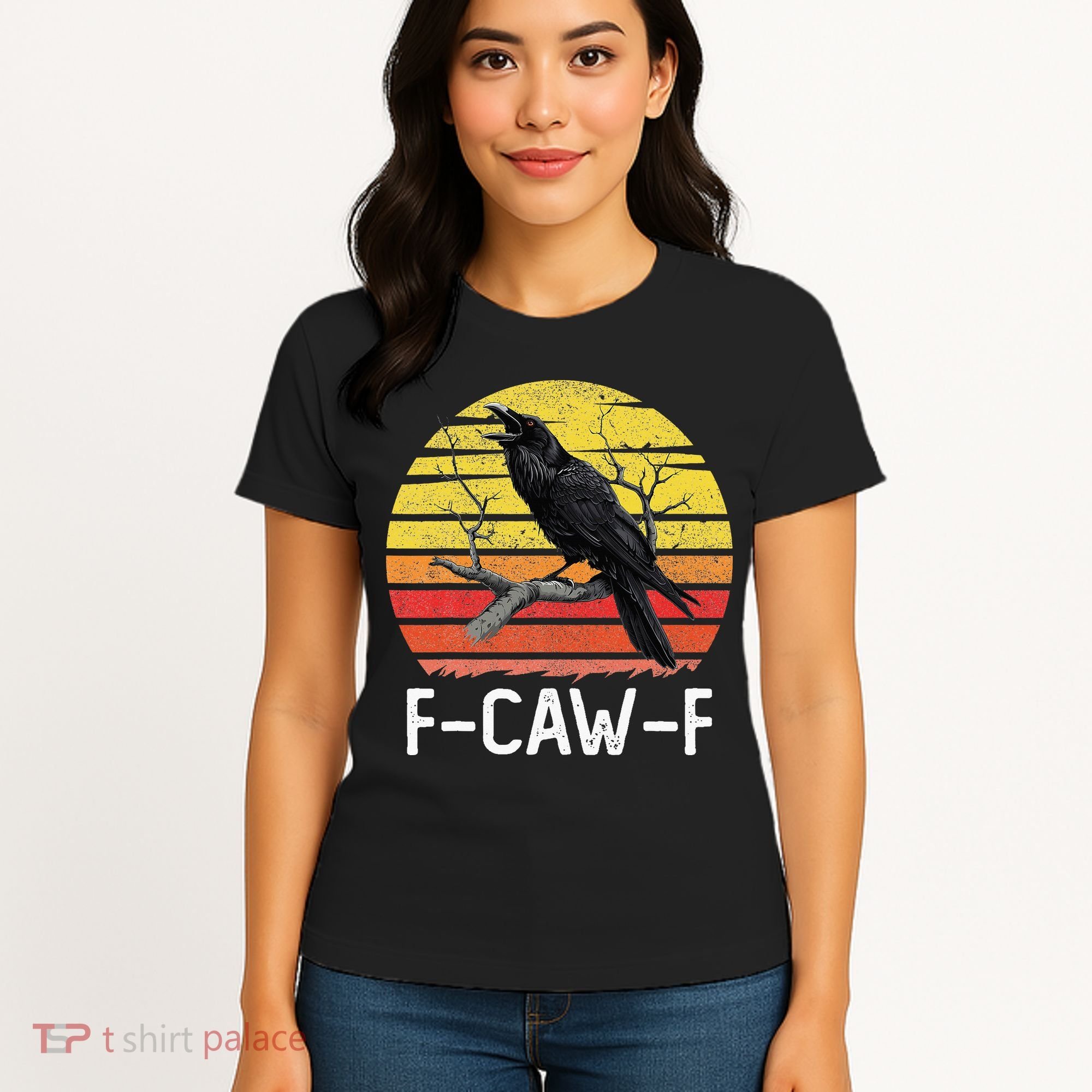 Funny Crow Retro Sunset Moonlit Raven Lovers F Caw F Women's T-Shirt