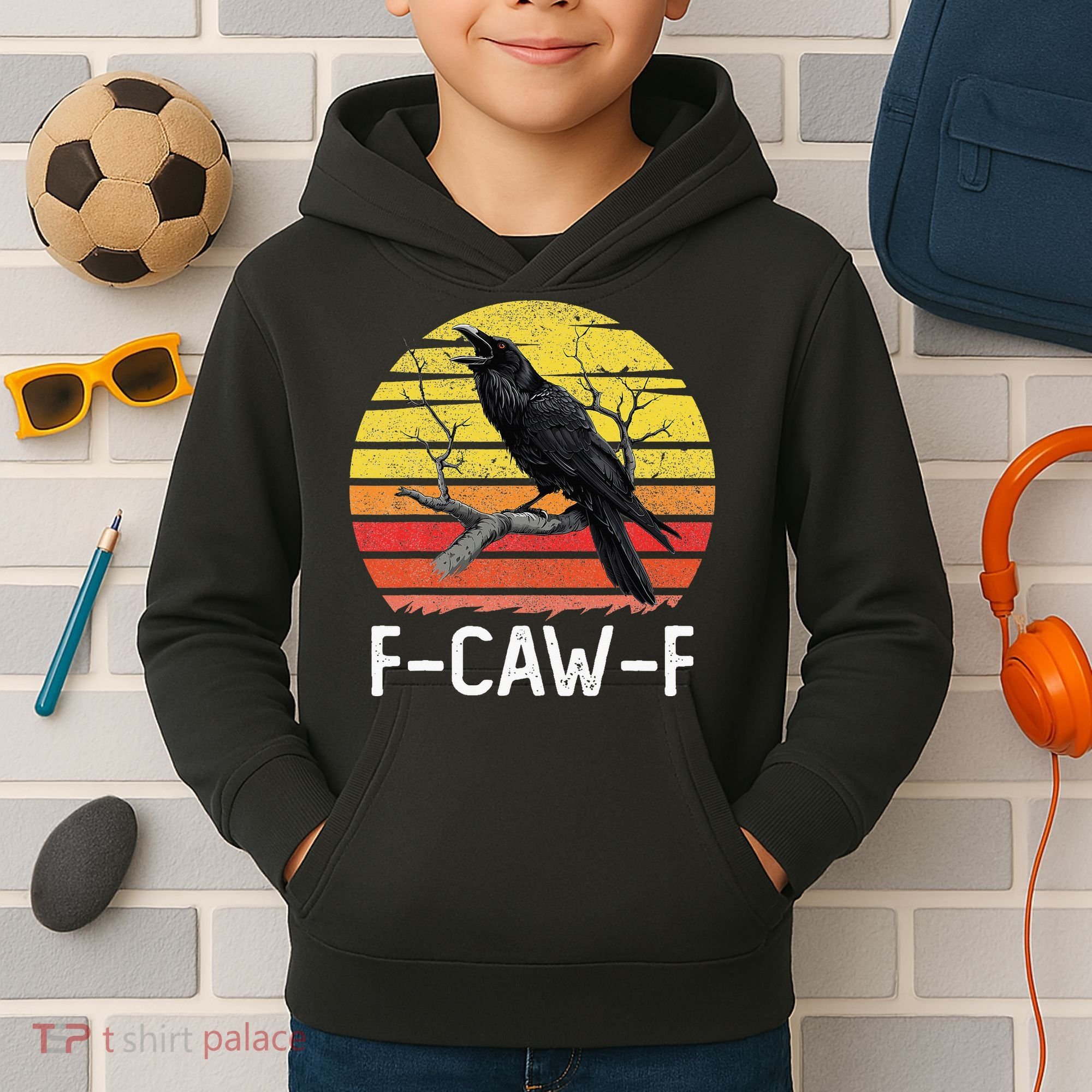 Funny Crow Retro Sunset Moonlit Raven Lovers F Caw F Kids Hoodie