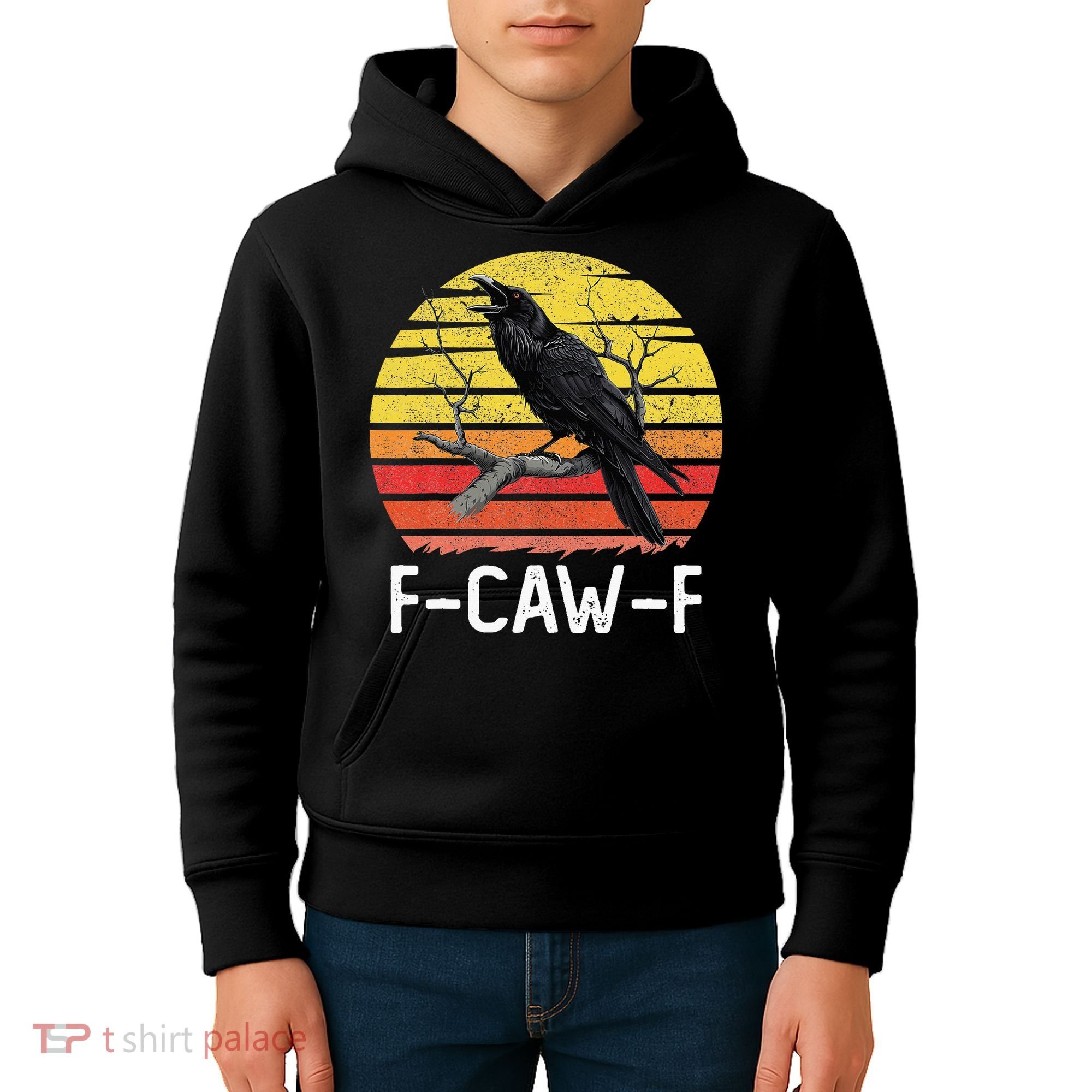 Funny Crow Retro Sunset Moonlit Raven Lovers F Caw F Kids Hoodie