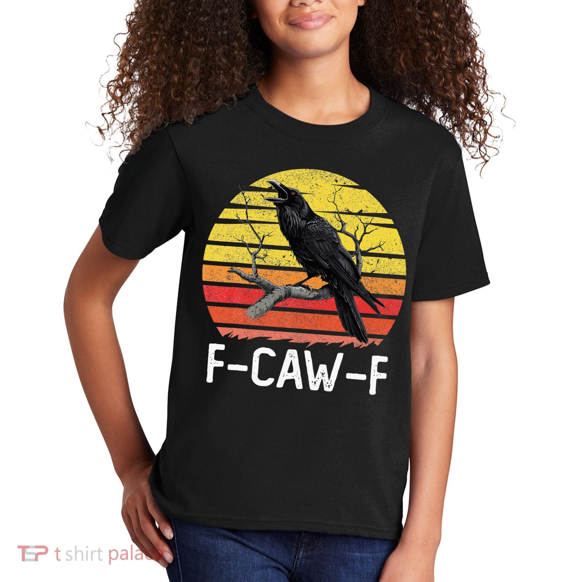 Funny Crow Retro Sunset Moonlit Raven Lovers F Caw F Kids T-Shirt