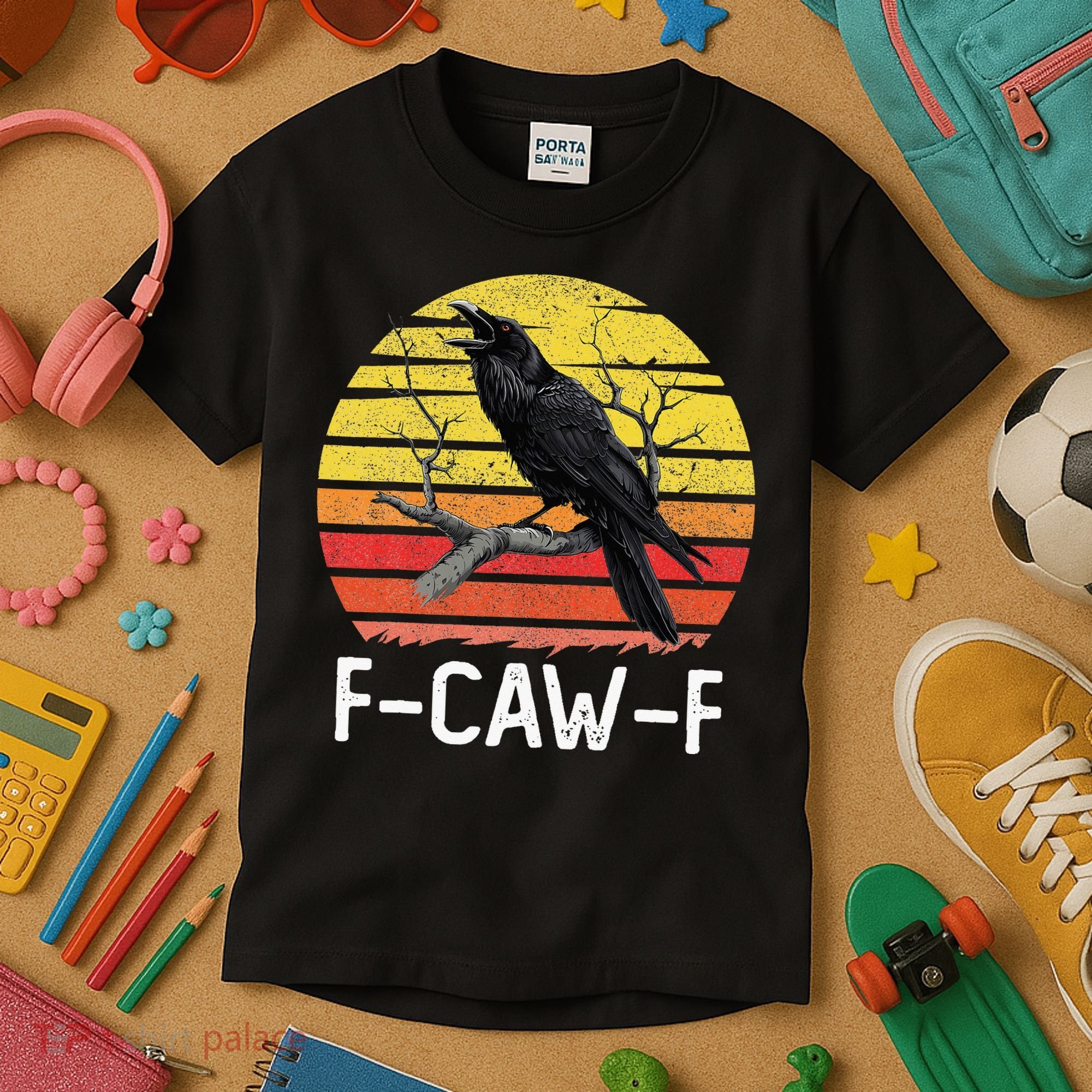 Funny Crow Retro Sunset Moonlit Raven Lovers F Caw F Kids T-Shirt