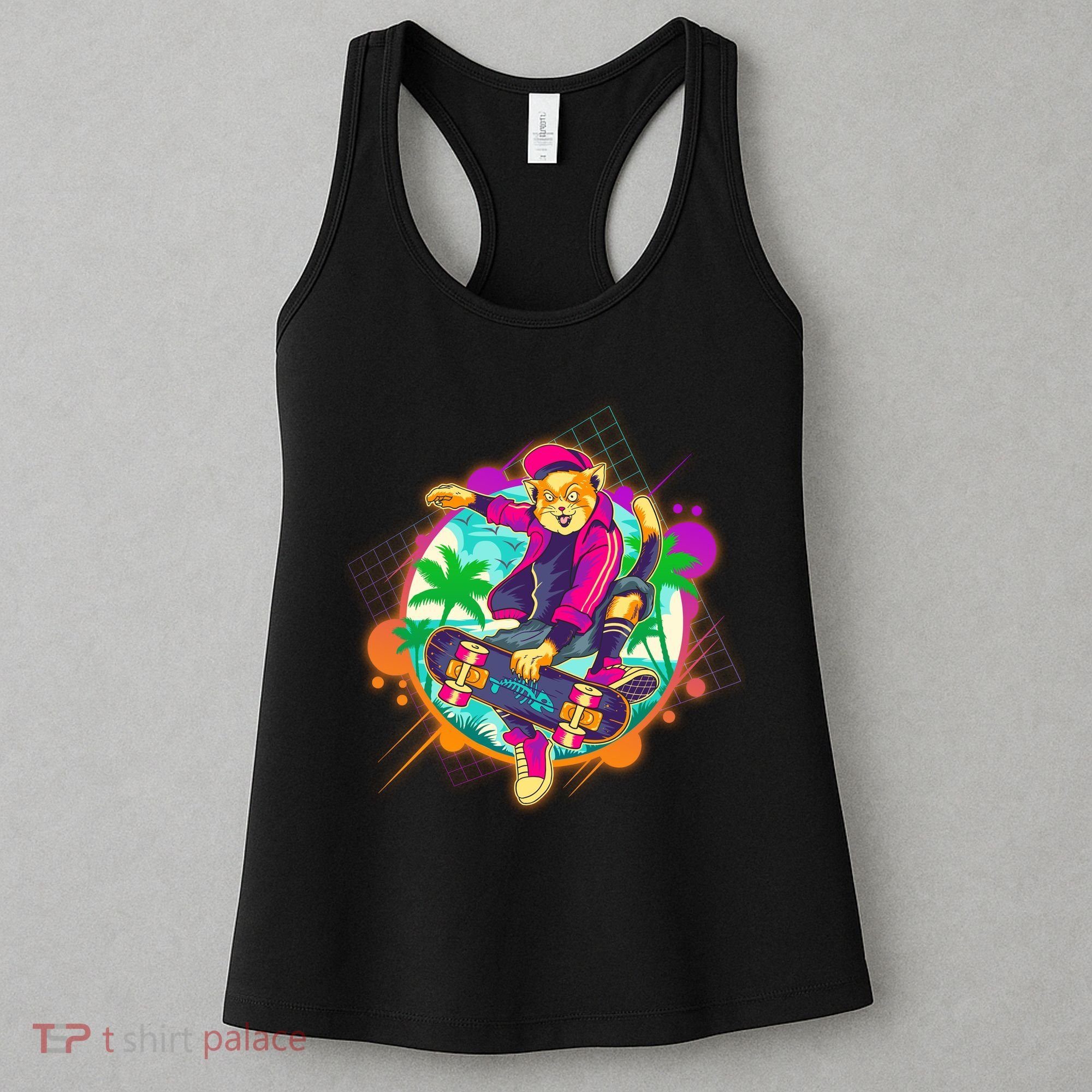 Funny Cool Retro 80s Skatebording Cat Women's Tank Top