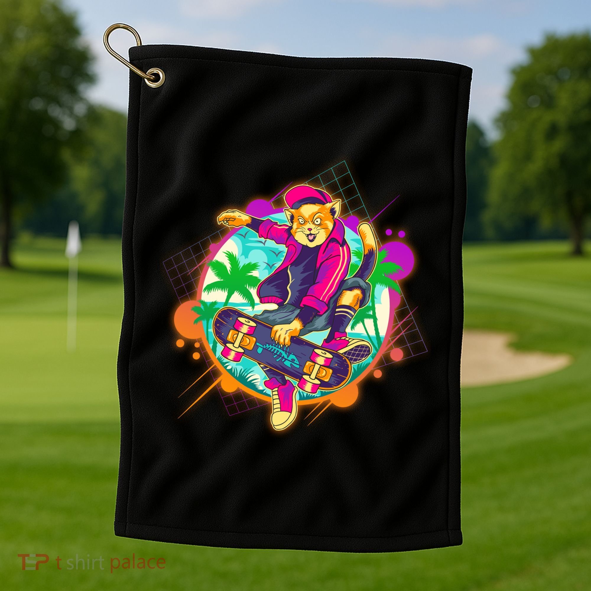 Funny Cool Retro 80s Skatebording Cat Golf Towel