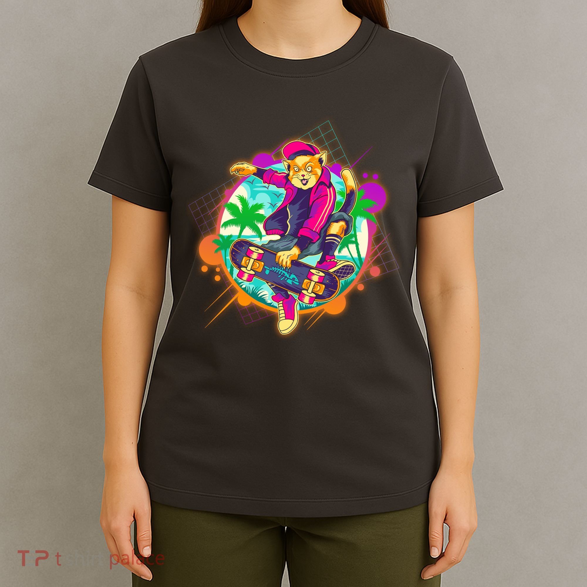 Funny Cool Retro 80s Skatebording Cat T-Shirt