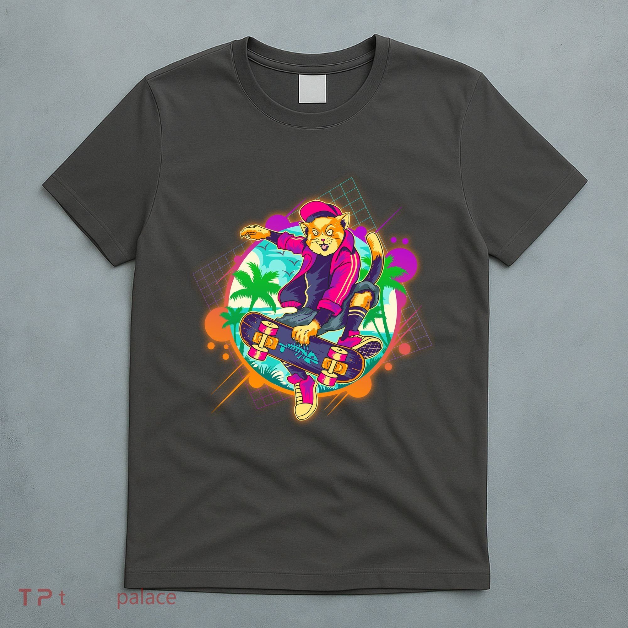 Funny Cool Retro 80s Skatebording Cat T-Shirt