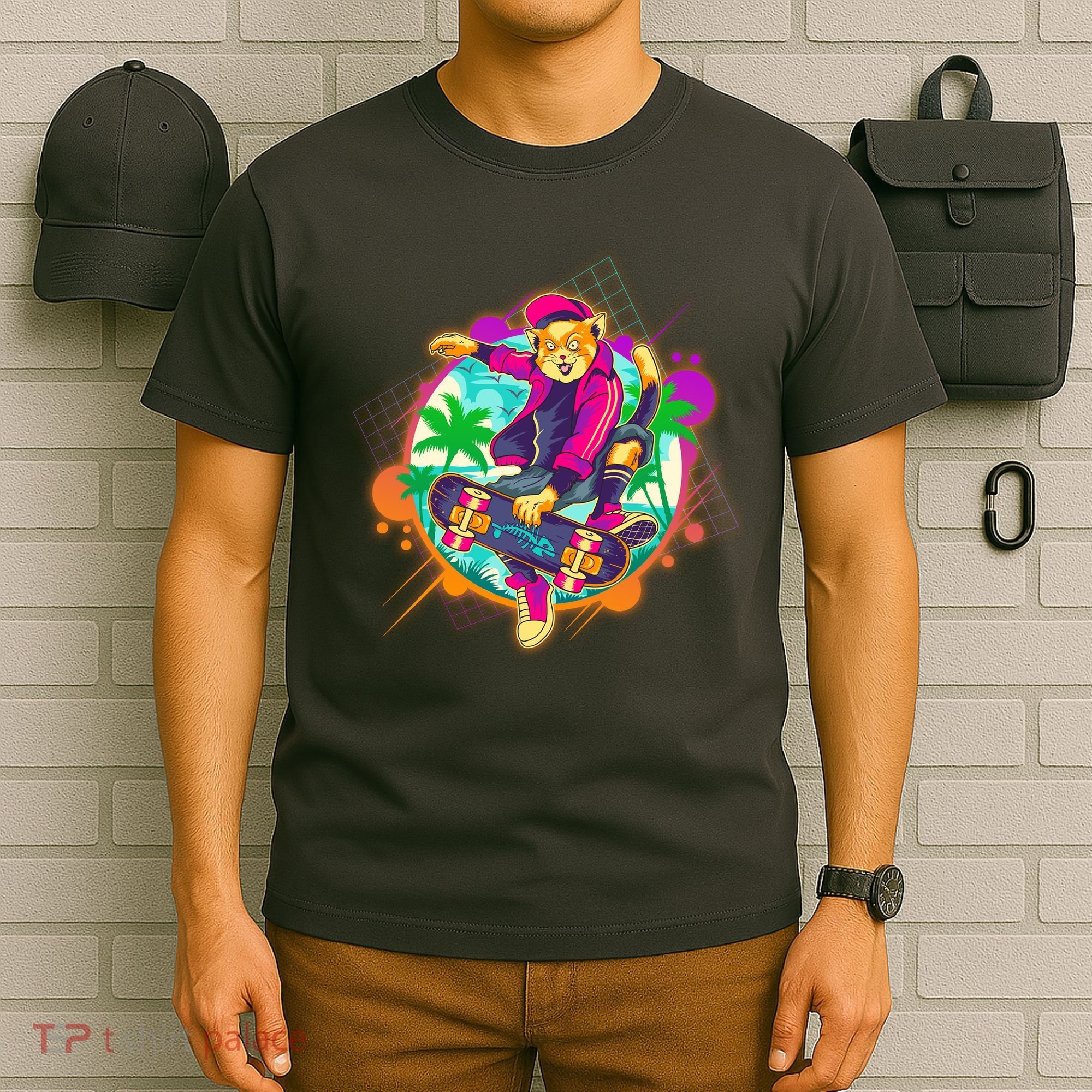 Funny Cool Retro 80s Skatebording Cat T-Shirt