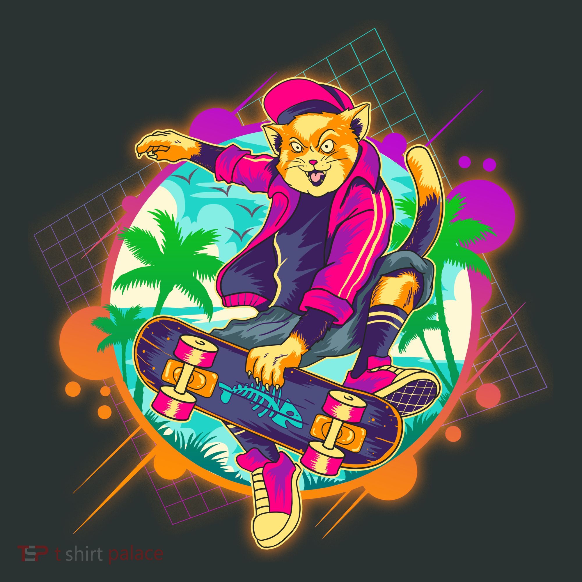 Funny Cool Retro 80s Skatebording Cat T-Shirt
