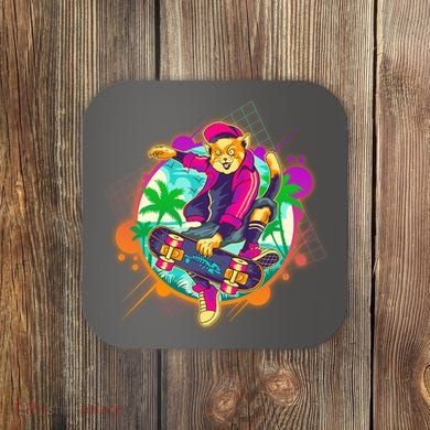 Funny Cool Retro 80s Skatebording Cat Coaster