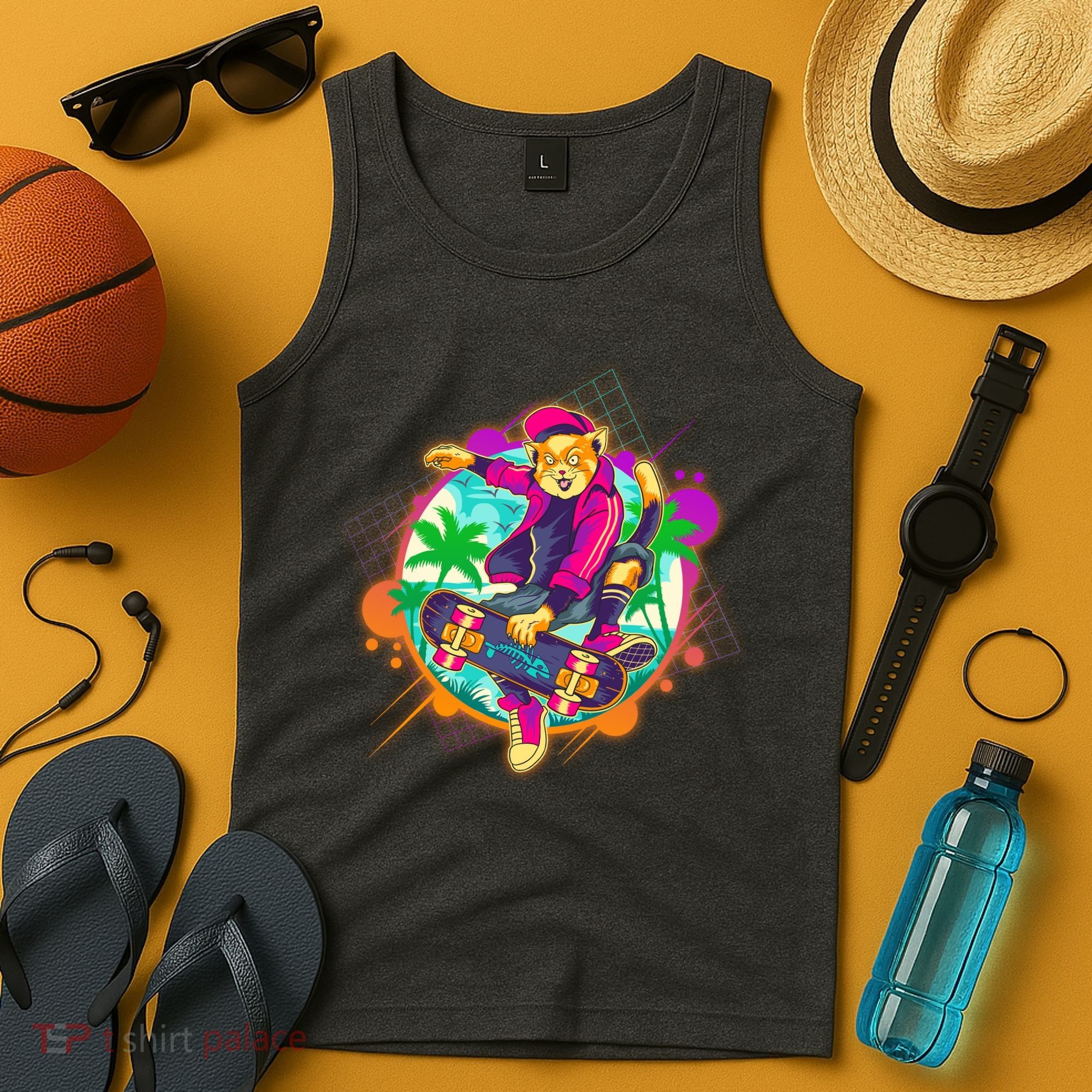 Funny Cool Retro 80s Skatebording Cat Tank Top