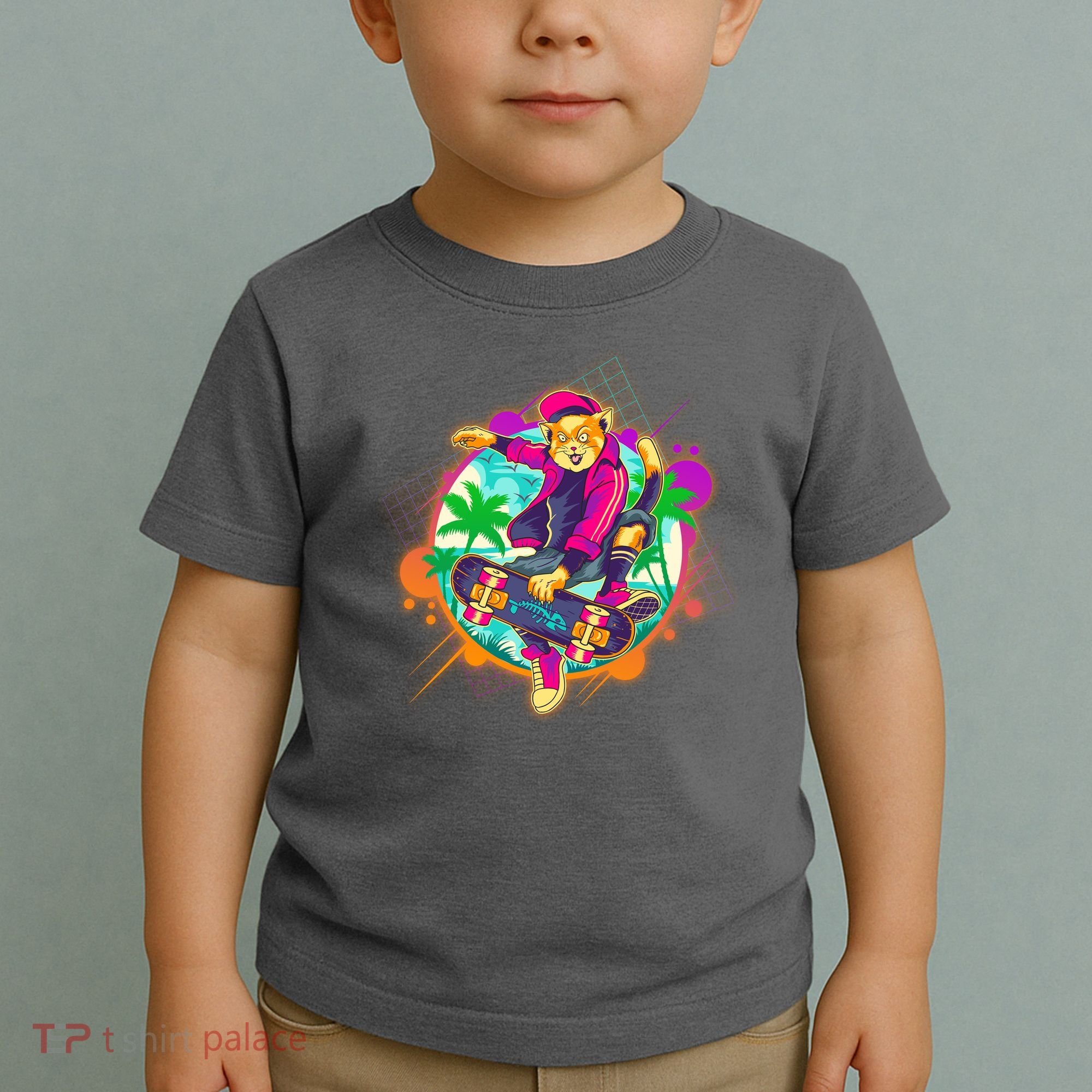 Funny Cool Retro 80s Skatebording Cat Toddler T-Shirt