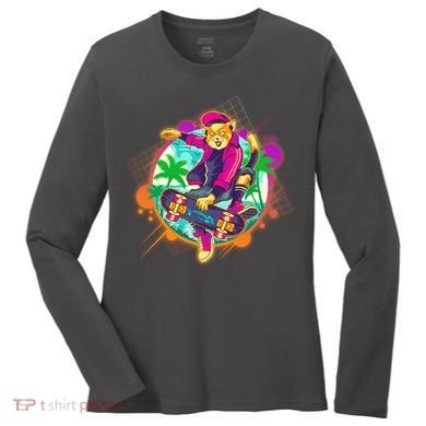 Funny Cool Retro 80s Skatebording Cat Women's Long Sleeve Shirt