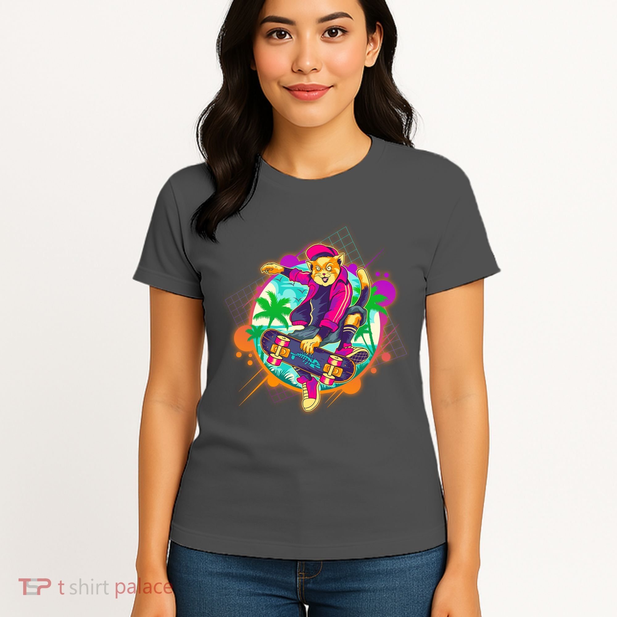 Funny Cool Retro 80s Skatebording Cat Women's T-Shirt