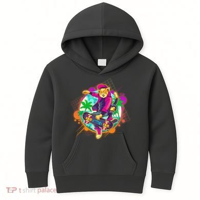 Funny Cool Retro 80s Skatebording Cat Kids Hoodie