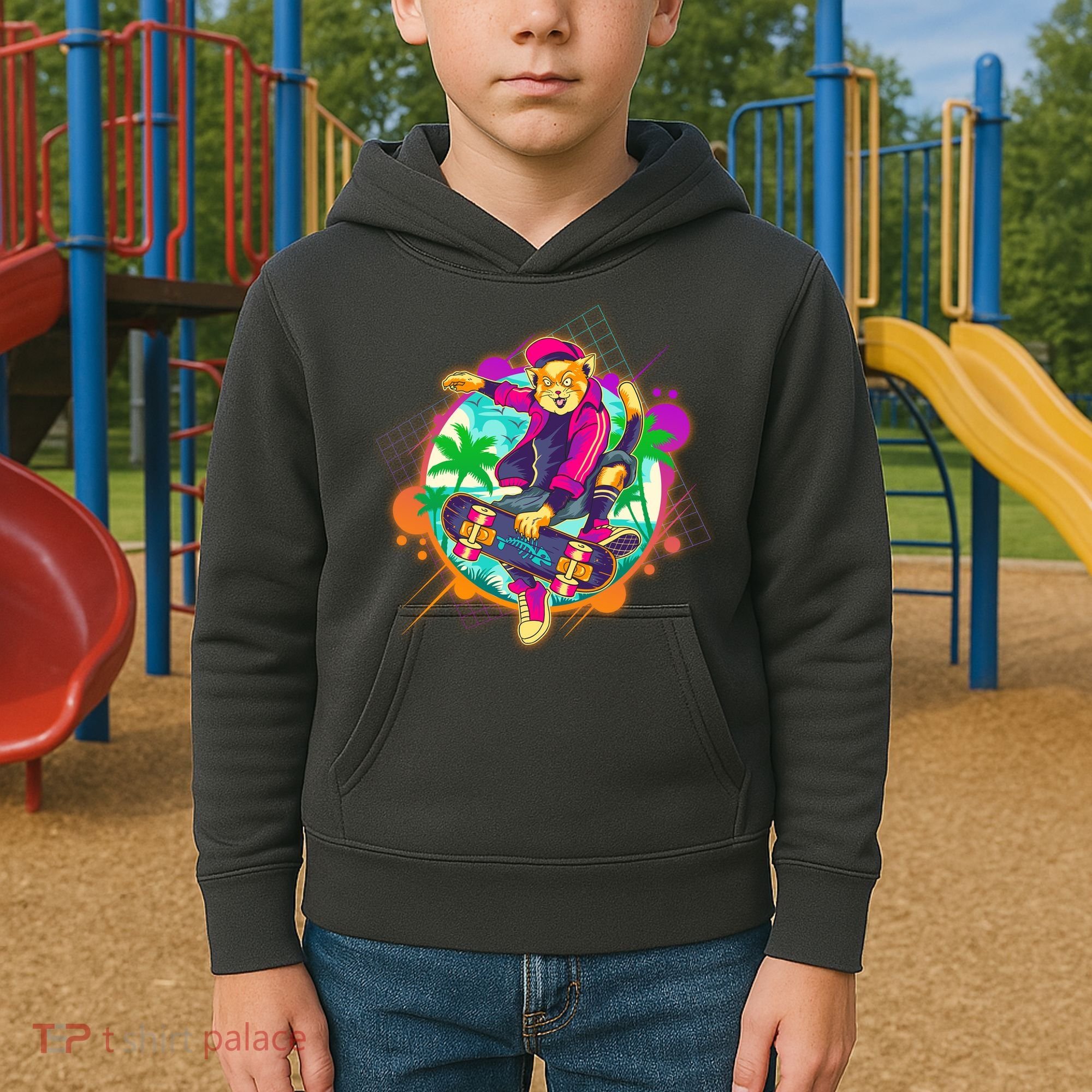 Funny Cool Retro 80s Skatebording Cat Kids Hoodie